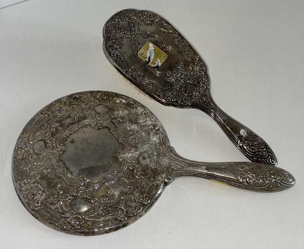Photo 1 of ANTIQUE HANDHELD MIRROR & BRUSH SET W FLORAL ACCENTS  (MIRROR IS 9.5”L)