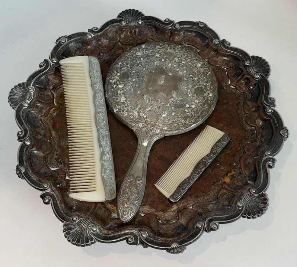 Photo 1 of SHEFFIELD ENGLAND SILVER PLATED COPPER TRAY W ANTIQUE HANDHELD MIRROR, LARGE & SMALL COMBS (TRAY IS 12.5”D)