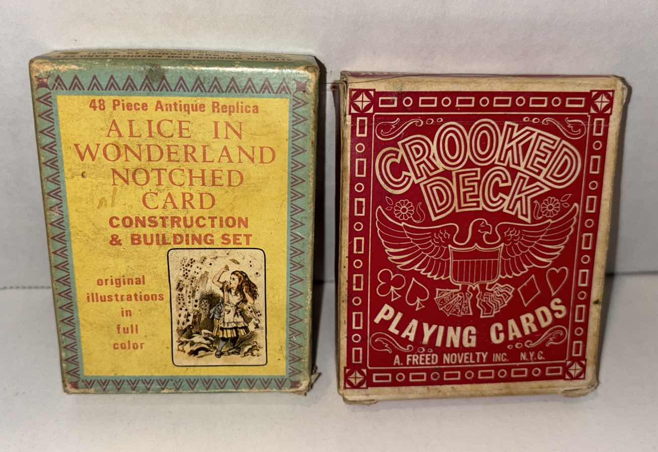 Photo 1 of 48 PC ANTIQUE REPLICA ALICE IN WONDERLAND NOTCHED CARD CONSTRUCTION & BUILDING SET, & CROOKED DECK PLAYING CARDS (2)
