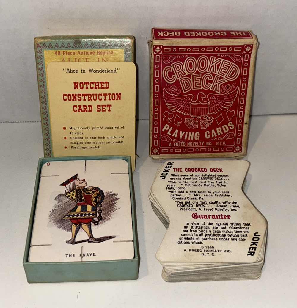 Photo 2 of 48 PC ANTIQUE REPLICA ALICE IN WONDERLAND NOTCHED CARD CONSTRUCTION & BUILDING SET, & CROOKED DECK PLAYING CARDS (2)