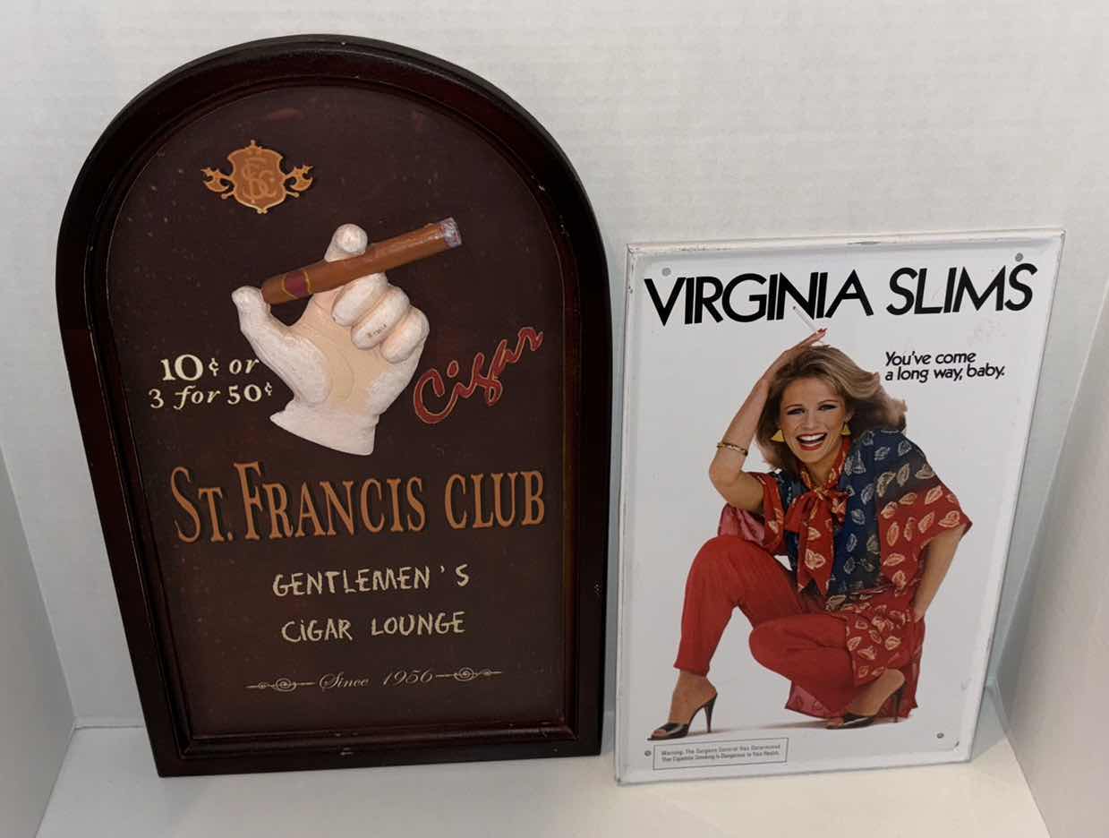 Photo 1 of WOODEN CIGAR LOUNGE SIGN & METAL VIRGINIA SLIMS ADVERTISEMENT WALL HANGING