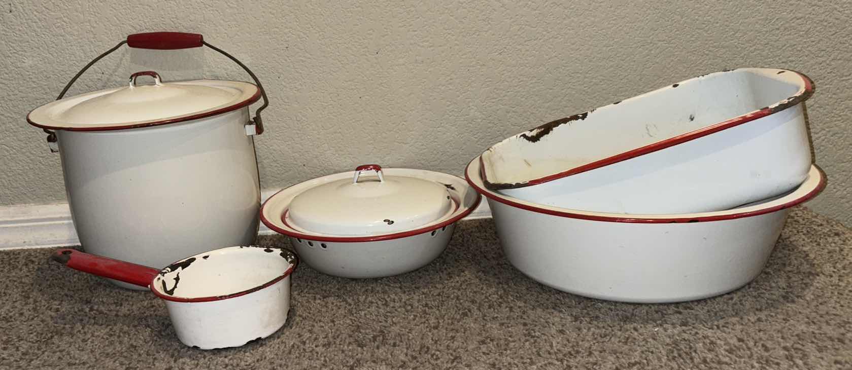 Photo 1 of VINTAGE 7 PC RED/WHITE ENAMEL COOKWARE