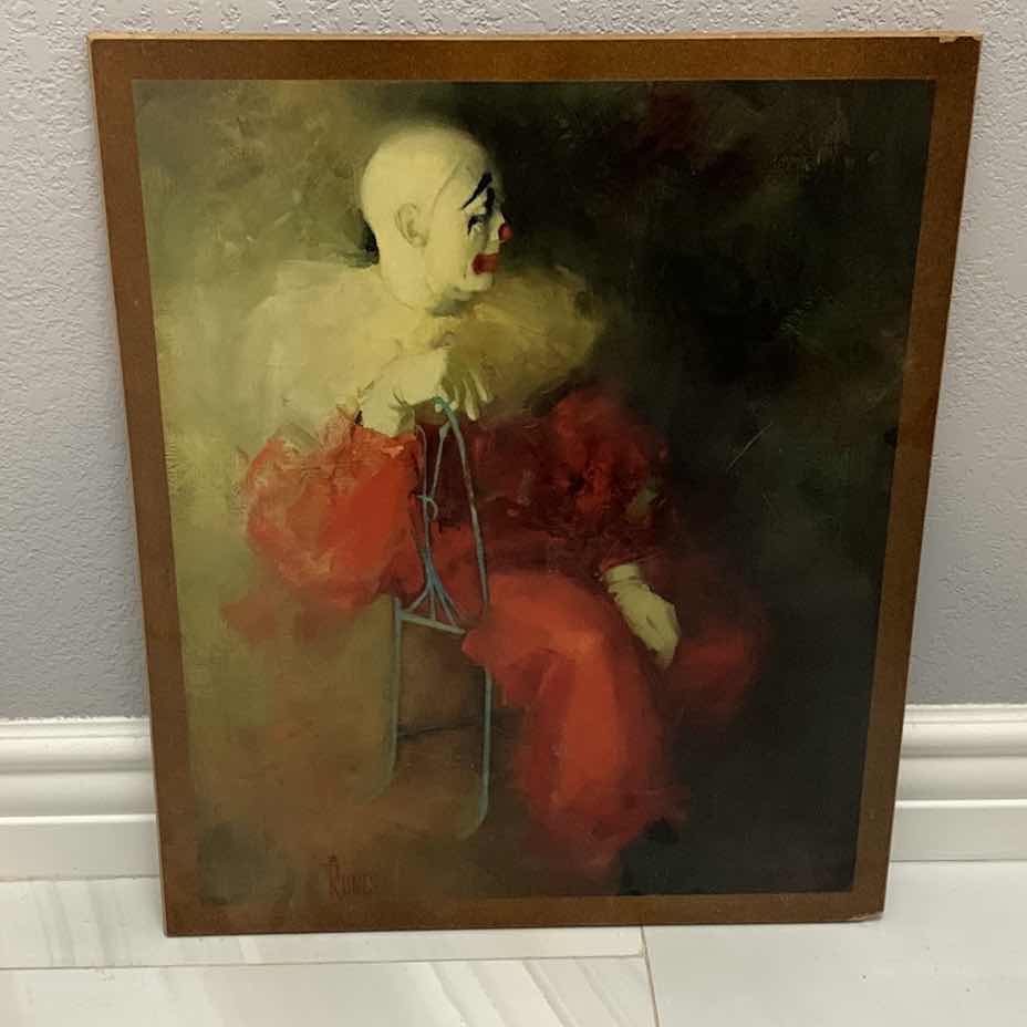 Photo 1 of EDWARD RUNCI CLOWN PRINT ON WOOD 20” X 24”