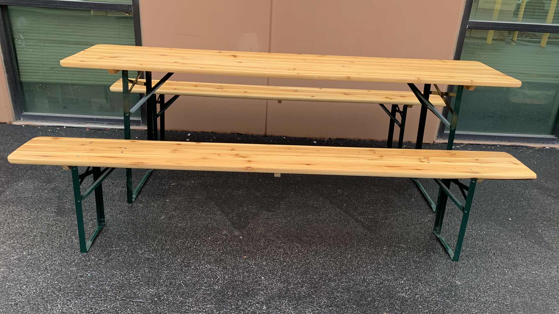 Photo 2 of 3 PIECE PORTABLE FOLDING PICNIC BEER TABLE WITH BENCHES  85” X 19” H 30” MADE OF FIR WOOD FACTORY SEALED