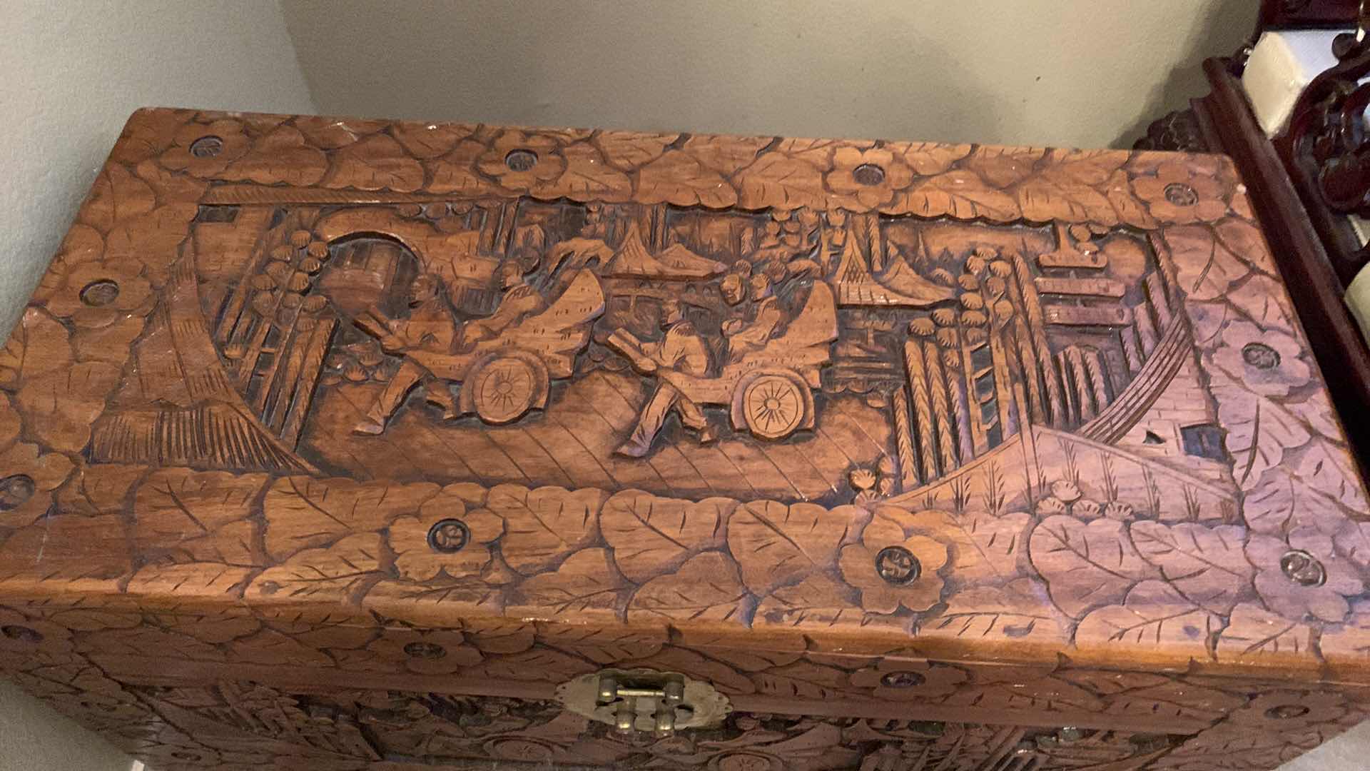 Photo 1 of VINTAGE LARGE CHINOISERIE FLAT TOP HAND CARVED AUTHENTIC CAMPHOR WOOD TRUNK 35” X 16 H 19” $1000