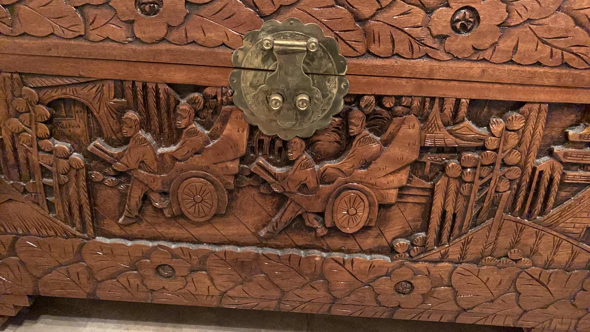 Photo 1 of VINTAGE LARGE CHINOISERIE FLAT TOP HAND CARVED AUTHENTIC CAMPHOR WOOD TRUNK 35” X 16 H 19” $1000