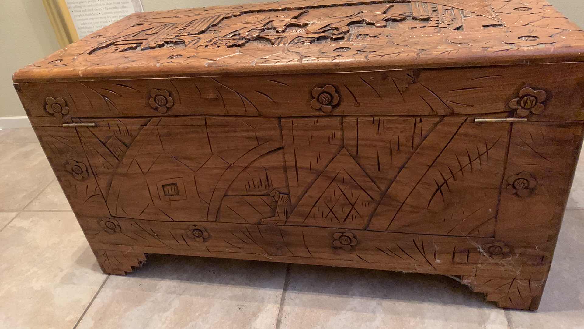 Photo 1 of VINTAGE LARGE CHINOISERIE FLAT TOP HAND CARVED AUTHENTIC CAMPHOR WOOD TRUNK 35” X 16 H 19” $1000