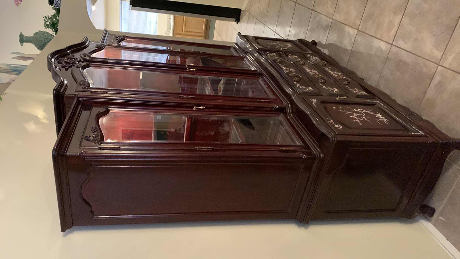 Photo 1 of ORIENTAL ROSE WOOD MOTHER OF PEARL INLAID ROYAL PALACE CHINA CABINET 71” C 20” H 82” $1000 COMES IN TWO PIECES