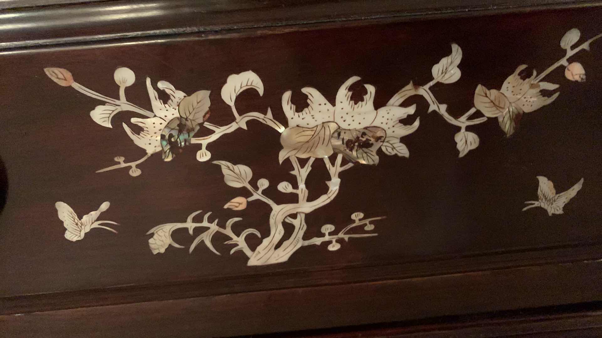 Photo 1 of ORIENTAL ROSE WOOD MOTHER OF PEARL INLAID ROYAL PALACE CHINA CABINET 71” C 20” H 82” $1000 COMES IN TWO PIECES
