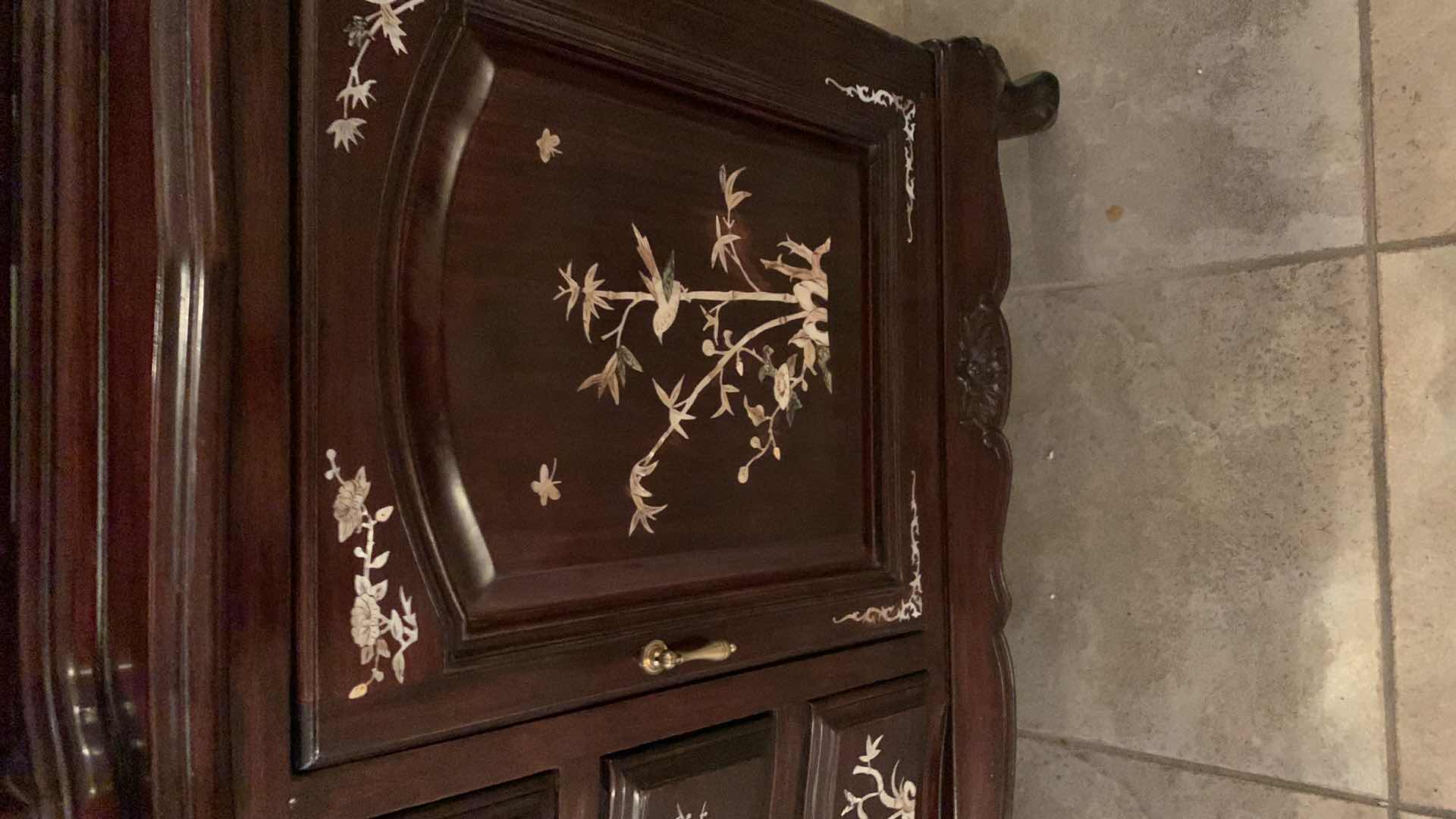 Photo 1 of ORIENTAL ROSE WOOD MOTHER OF PEARL INLAID ROYAL PALACE CHINA CABINET 71” C 20” H 82” $1000 COMES IN TWO PIECES