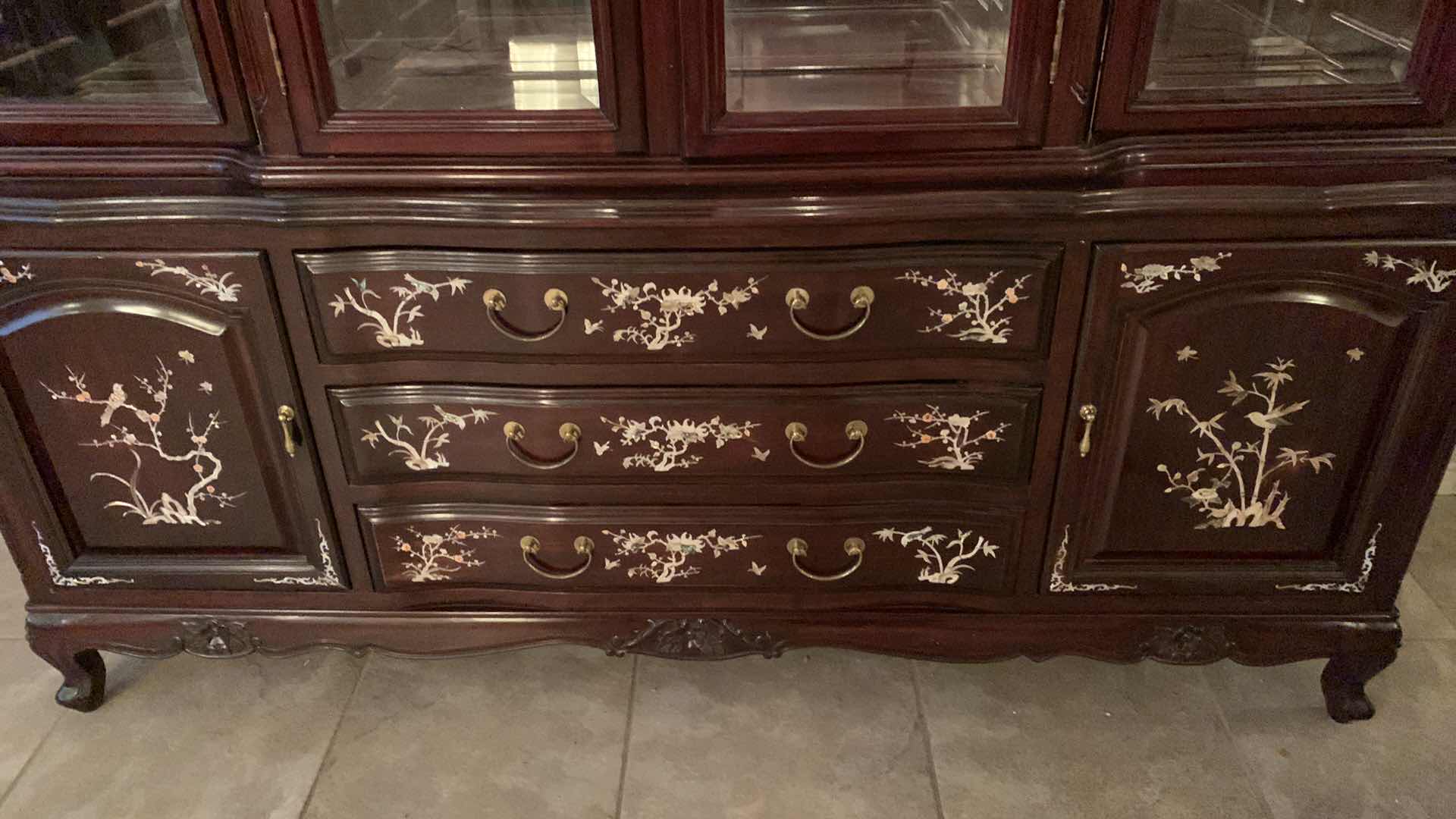 Photo 1 of ORIENTAL ROSE WOOD MOTHER OF PEARL INLAID ROYAL PALACE CHINA CABINET 71” C 20” H 82” $1000 COMES IN TWO PIECES