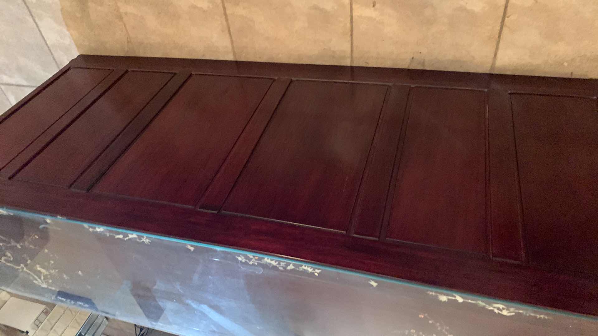 Photo 1 of GRAND DARK CHERRY ROSEWOOD ORIENTAL SIDEBOARD WITH FLOWER AND BIRD MOTHER OF PEARL INLAY 71” X 19” H 30” $5000
