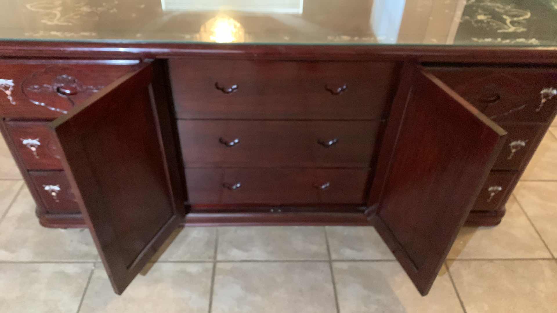 Photo 1 of GRAND DARK CHERRY ROSEWOOD ORIENTAL SIDEBOARD WITH FLOWER AND BIRD MOTHER OF PEARL INLAY 71” X 19” H 30” $5000