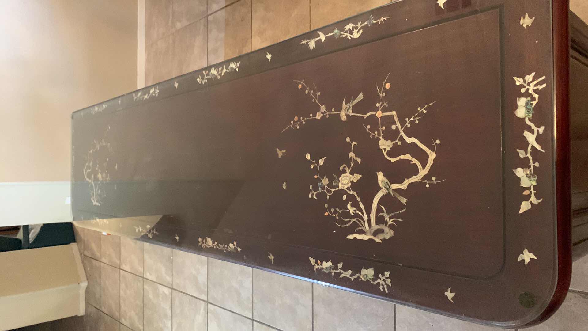 Photo 1 of GRAND DARK CHERRY ROSEWOOD ORIENTAL SIDEBOARD WITH FLOWER AND BIRD MOTHER OF PEARL INLAY 71” X 19” H 30” $5000