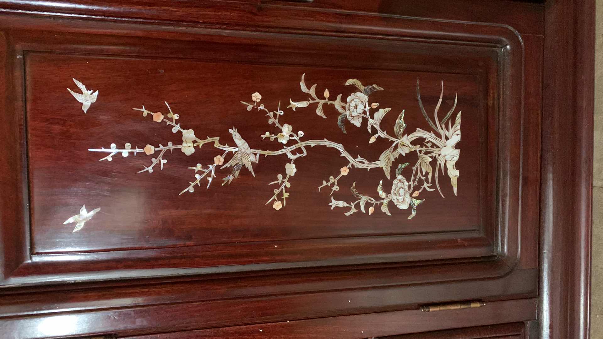 Photo 1 of GRAND DARK CHERRY ROSEWOOD ORIENTAL SIDEBOARD WITH FLOWER AND BIRD MOTHER OF PEARL INLAY 71” X 19” H 30” $5000