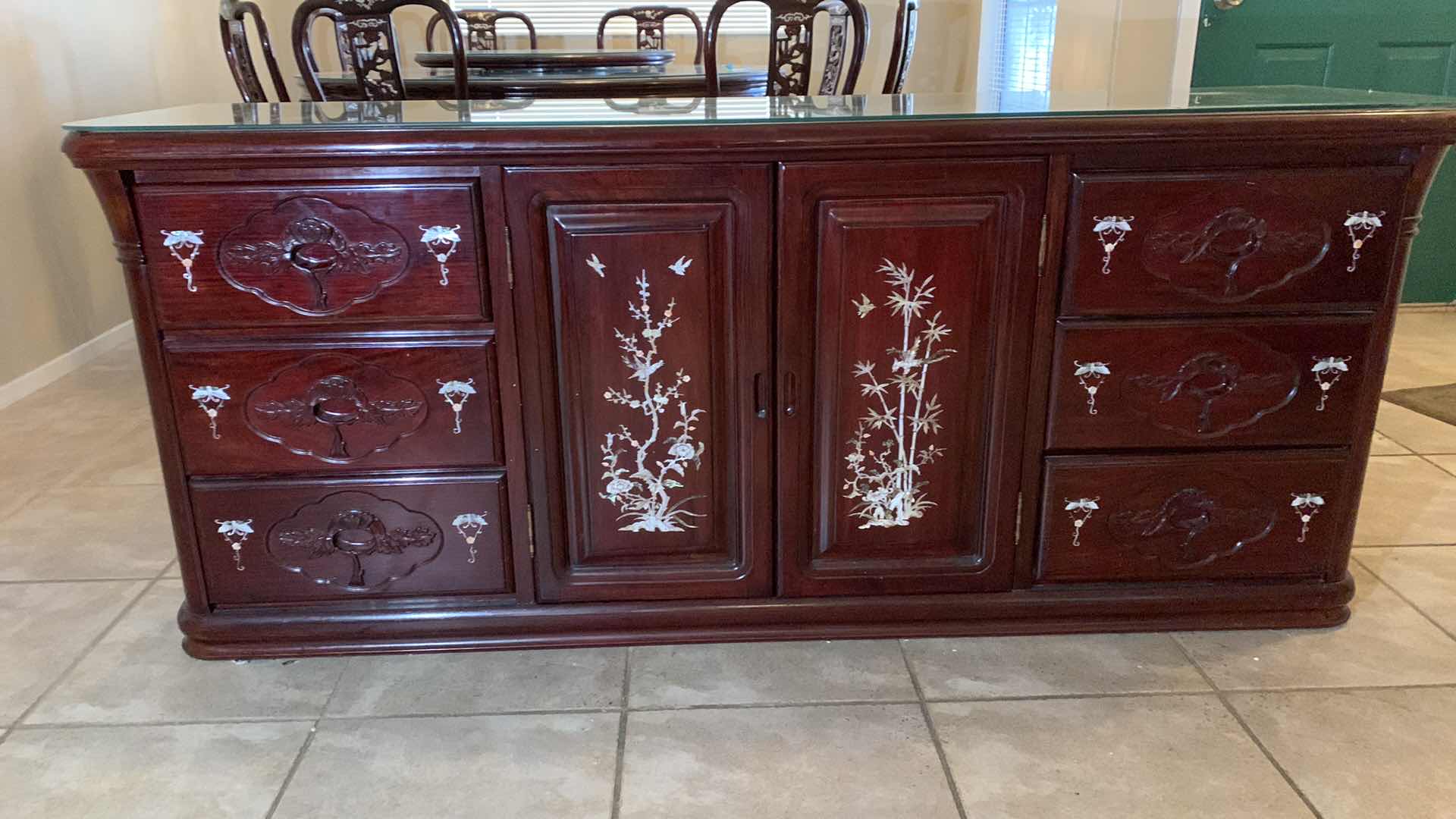 Photo 1 of GRAND DARK CHERRY ROSEWOOD ORIENTAL SIDEBOARD WITH FLOWER AND BIRD MOTHER OF PEARL INLAY 71” X 19” H 30” $5000