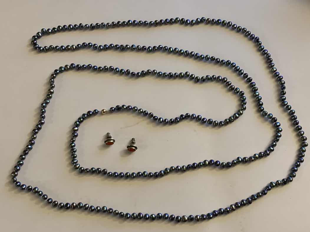 Photo 1 of 72” 14K CLASP BLACK PEARL NECKLACE WITH STONE EARRINGS