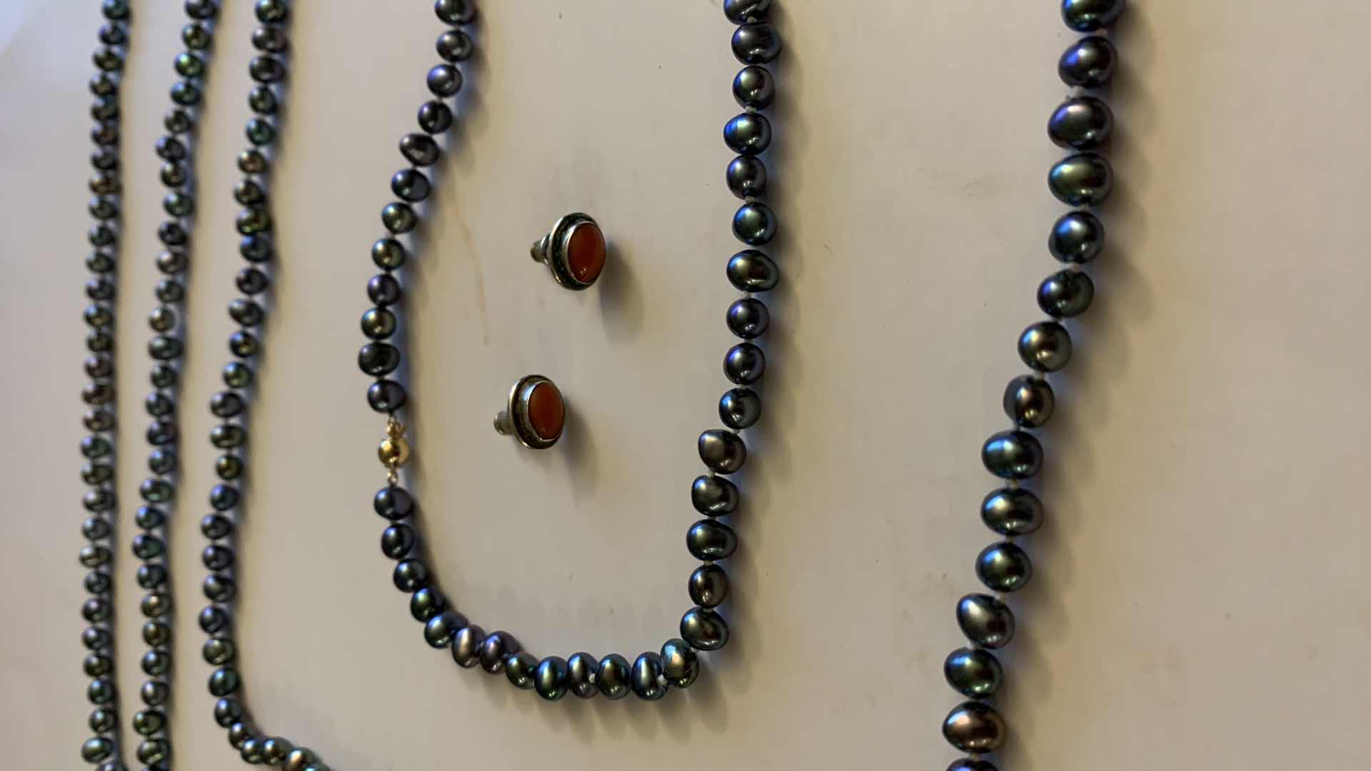 Photo 1 of 72” 14K CLASP BLACK PEARL NECKLACE WITH STONE EARRINGS