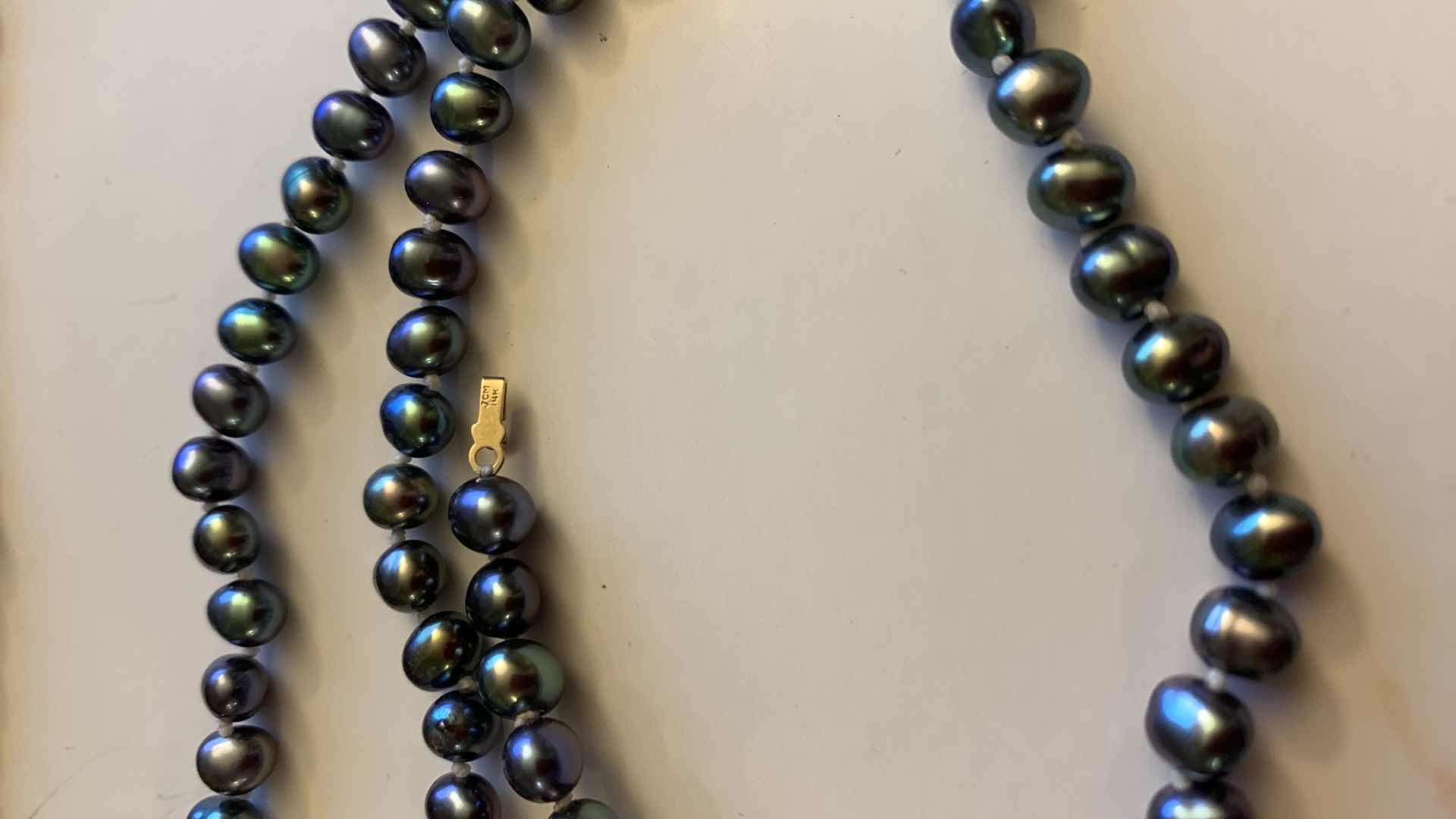Photo 1 of 72” 14K CLASP BLACK PEARL NECKLACE WITH STONE EARRINGS