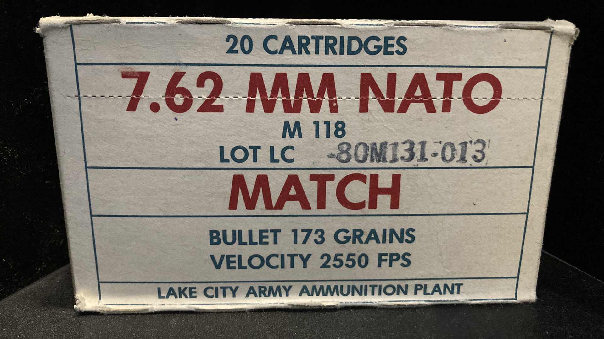 Photo 1 of LAKE CITY ARMY 7.62MM NATO M118 MATCH AMMO (20)