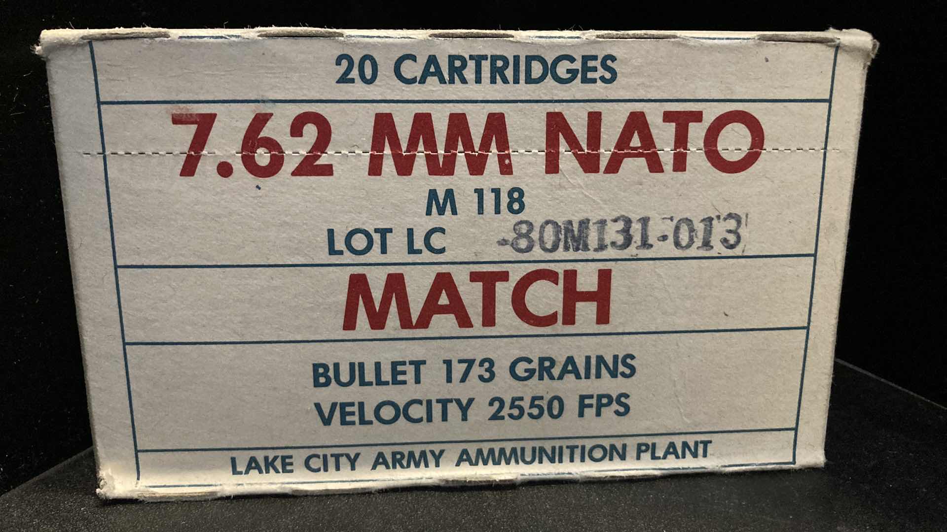Photo 1 of LAKE CITY ARMY 7.62MM NATO M118 MATCH AMMO (20)