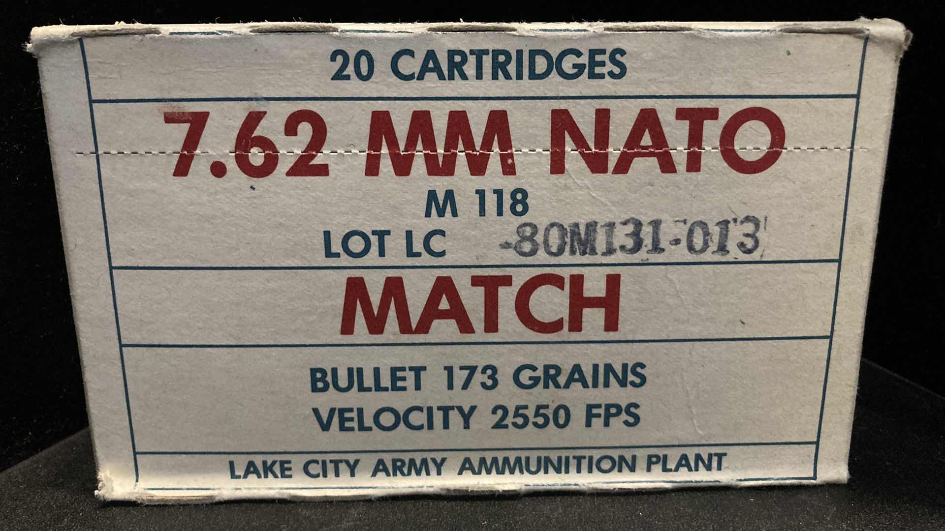 Photo 1 of LAKE CITY ARMY 7.62MM NATO M118 MATCH AMMO (20)