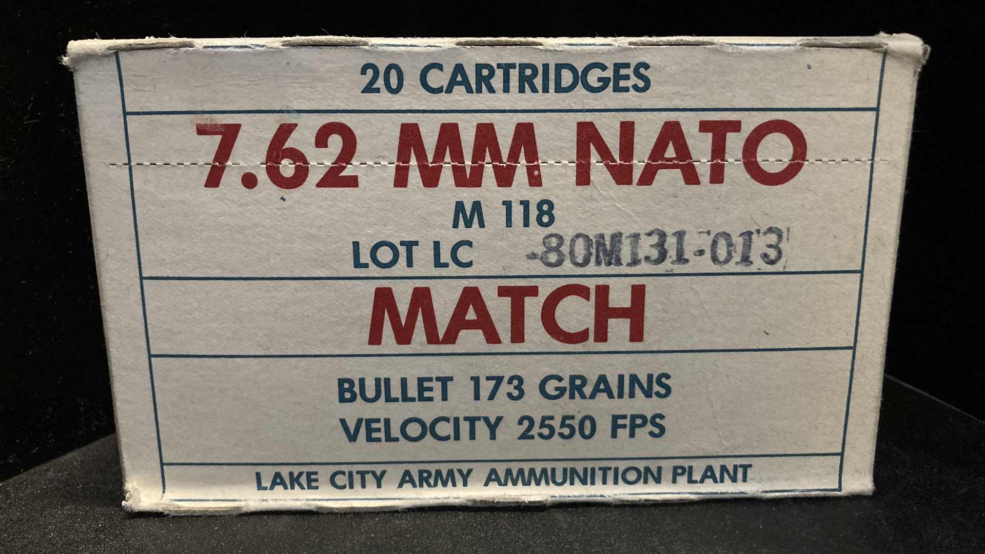 Photo 1 of LAKE CITY ARMY 7.62MM NATO M118 MATCH AMMO (20)