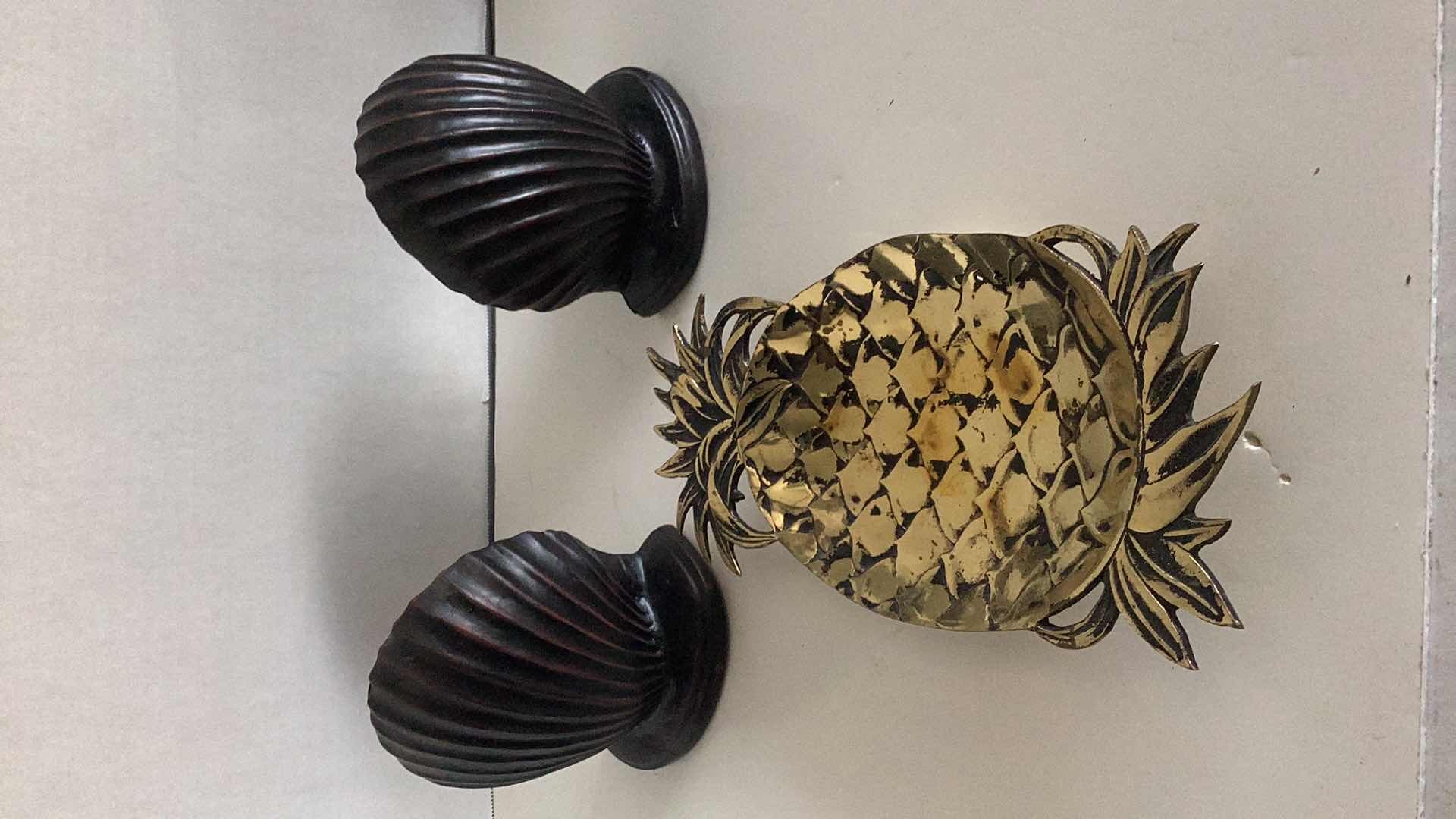 Photo 1 of BRASS PINEAPPLE TRAY AND WOODEN SHELL BOOKENDS
