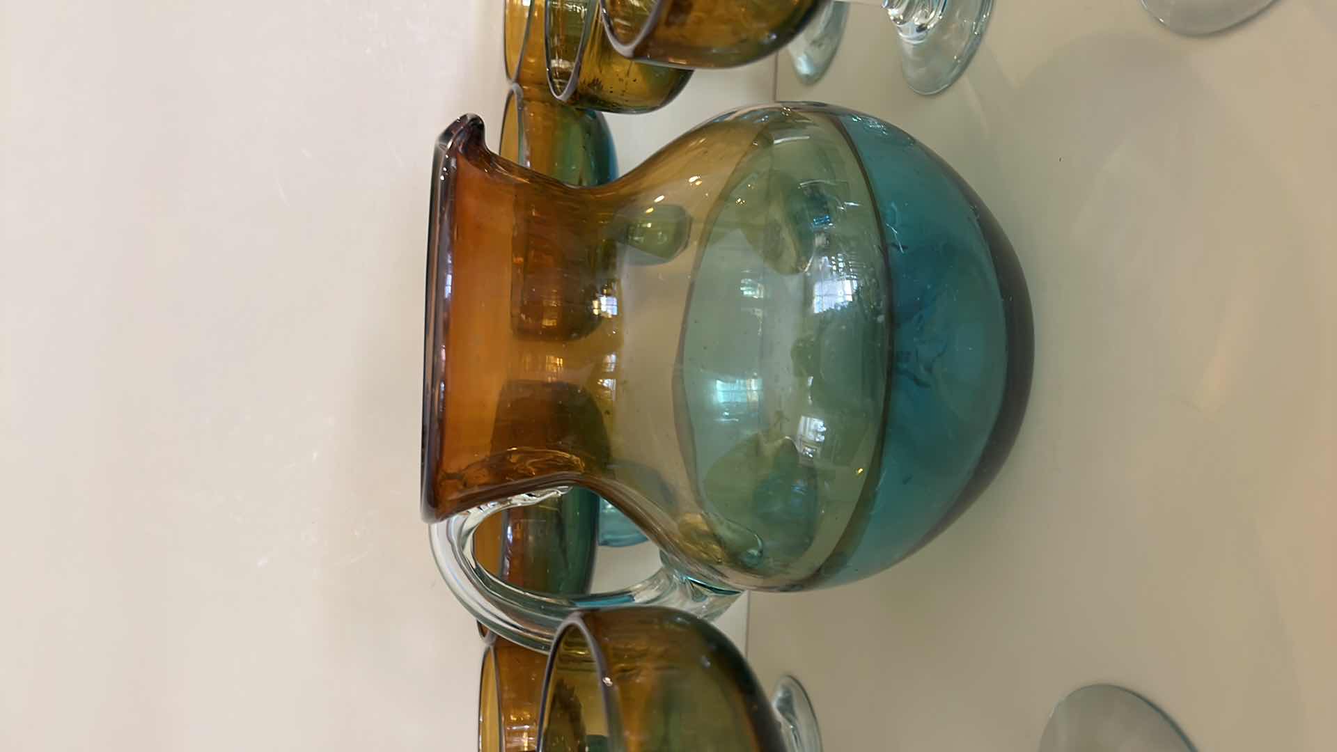Photo 3 of BLOWN GLASS BROWN W TURQUOISE MARGARITA SET W 8 GLASSES