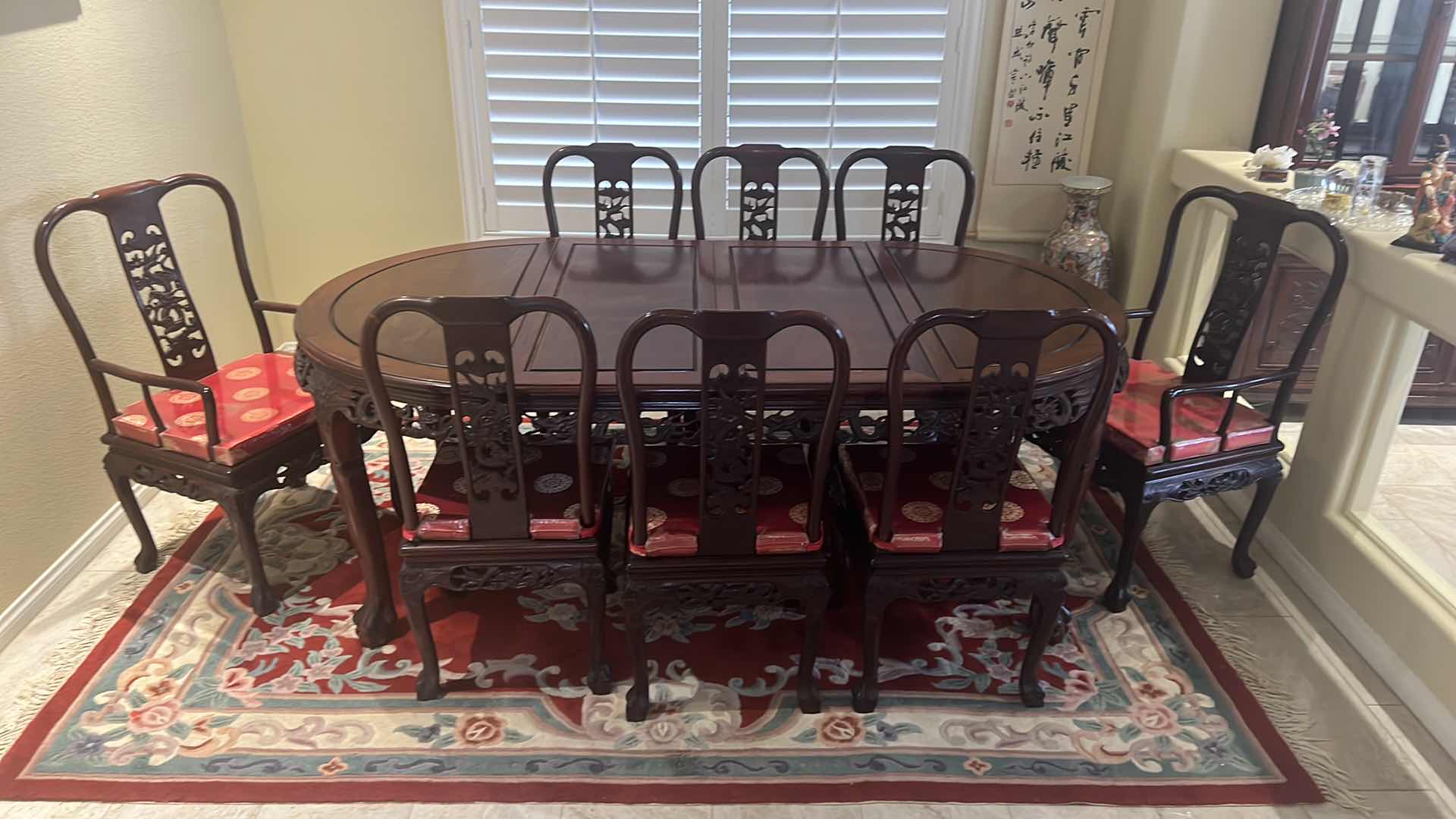 Photo 5 of VINTAGE CHINESE HANDCARVED ROSEWOOD DINING TABLE W 2-ARM CHAIRS & 6- SIDE CHAIRS (RED W GOLD PADDED SEAT CUSHIONS) TABLE 80” x 43” H30”