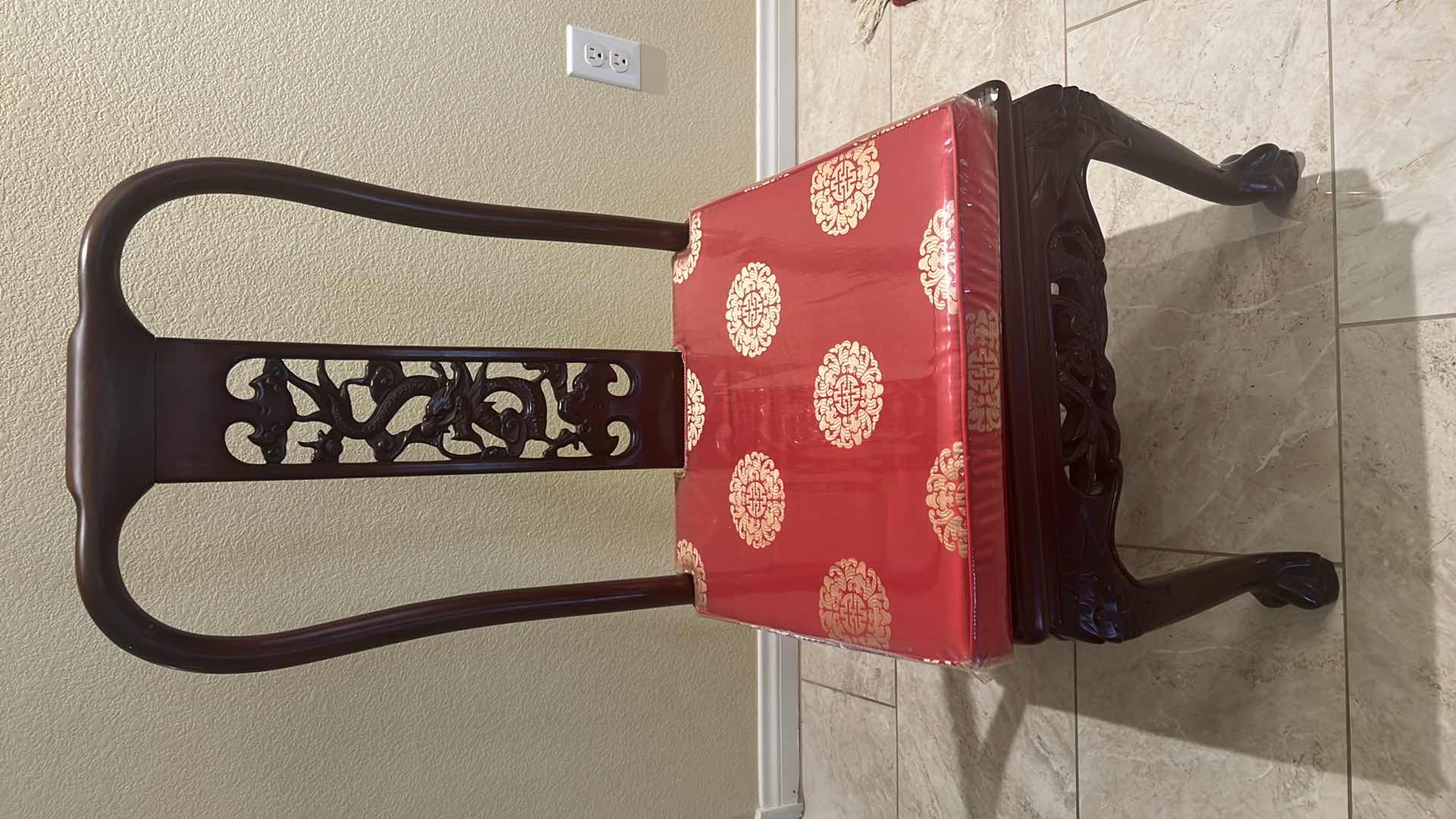 Photo 11 of VINTAGE CHINESE HANDCARVED ROSEWOOD DINING TABLE W 2-ARM CHAIRS & 6- SIDE CHAIRS (RED W GOLD PADDED SEAT CUSHIONS) TABLE 80” x 43” H30”