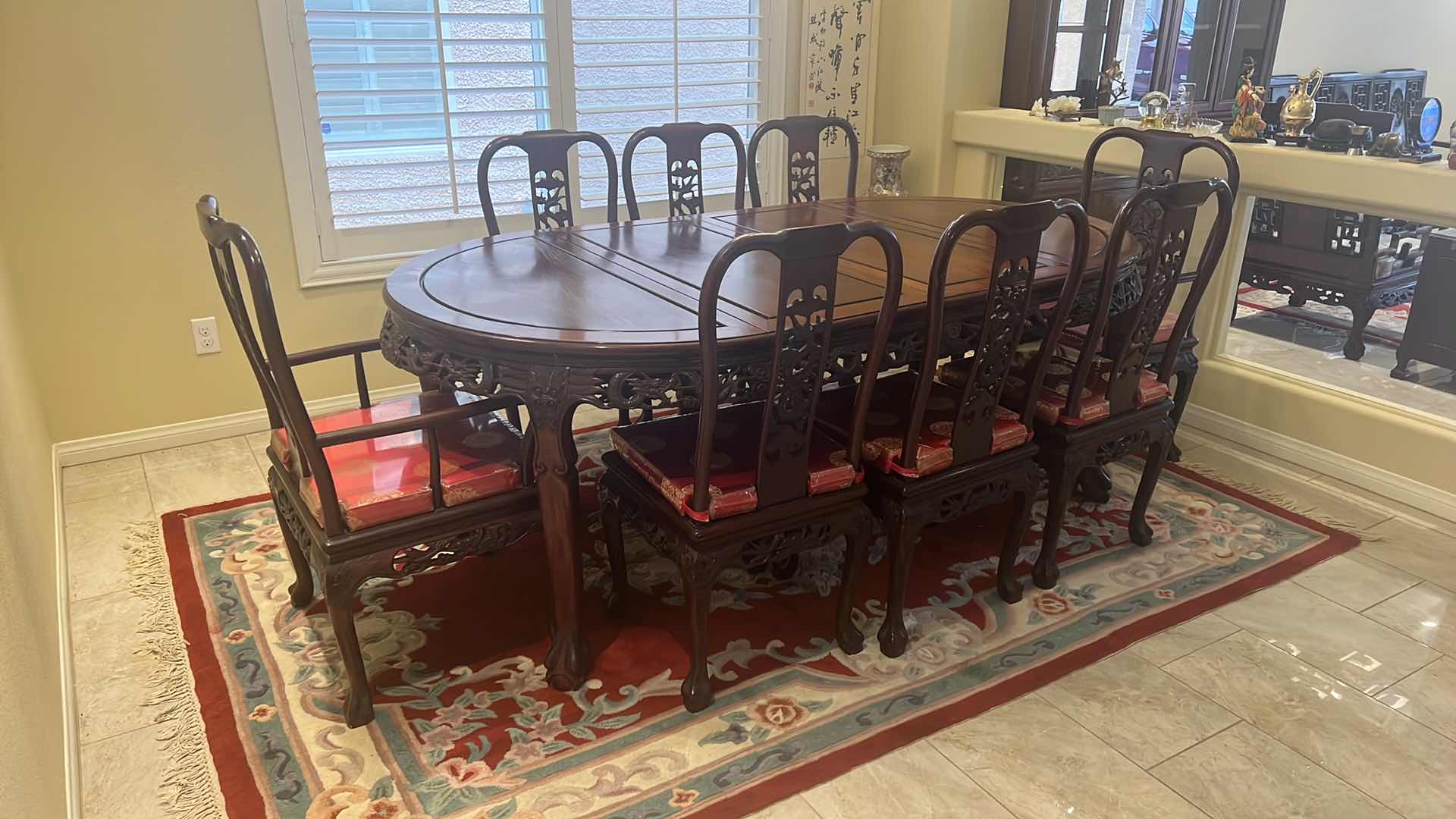 Photo 3 of VINTAGE CHINESE HANDCARVED ROSEWOOD DINING TABLE W 2-ARM CHAIRS & 6- SIDE CHAIRS (RED W GOLD PADDED SEAT CUSHIONS) TABLE 80” x 43” H30”