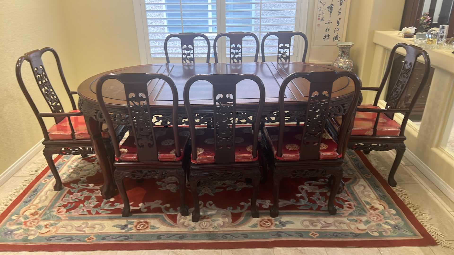 Photo 4 of VINTAGE CHINESE HANDCARVED ROSEWOOD DINING TABLE W 2-ARM CHAIRS & 6- SIDE CHAIRS (RED W GOLD PADDED SEAT CUSHIONS) TABLE 80” x 43” H30”