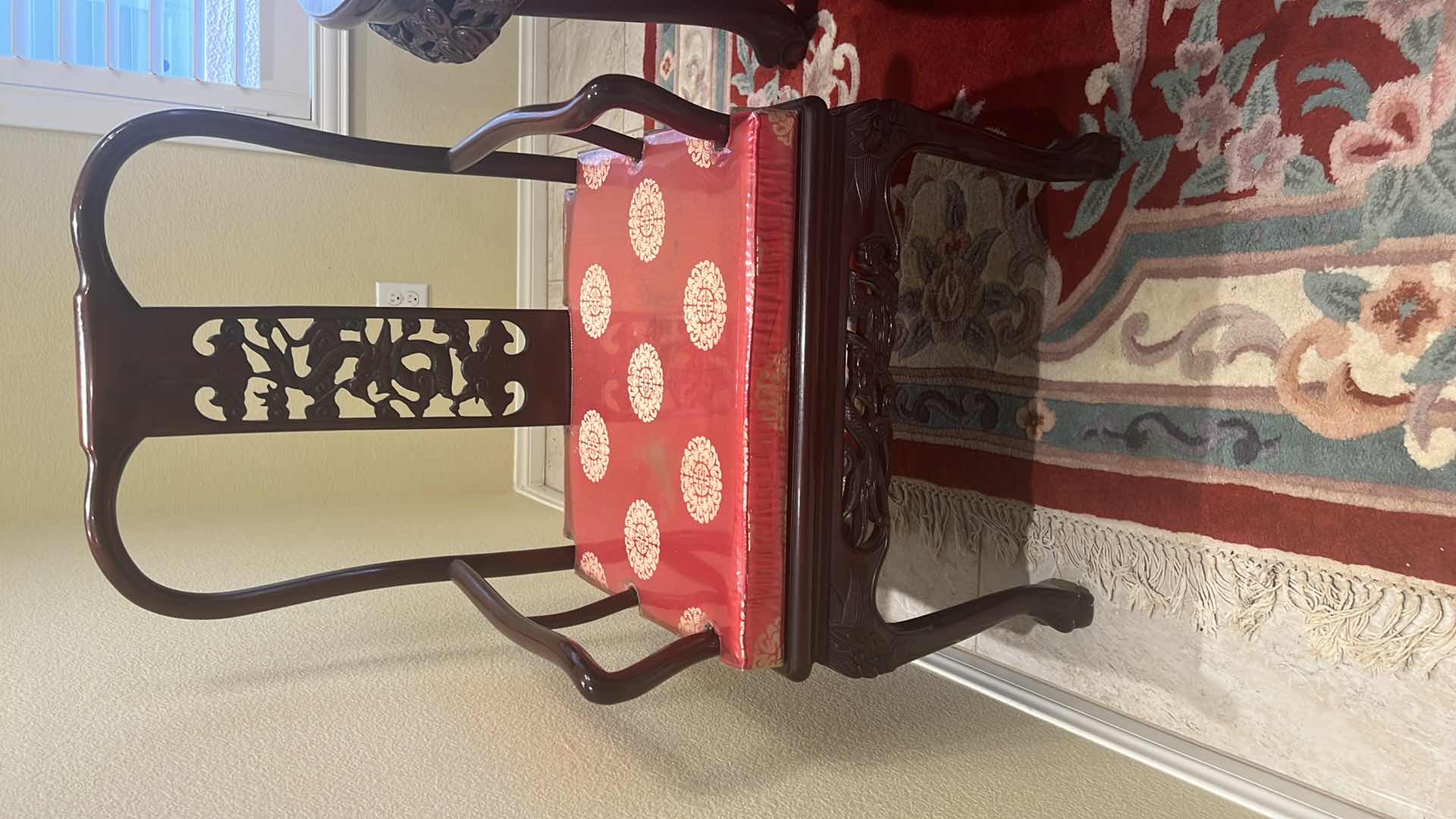 Photo 9 of VINTAGE CHINESE HANDCARVED ROSEWOOD DINING TABLE W 2-ARM CHAIRS & 6- SIDE CHAIRS (RED W GOLD PADDED SEAT CUSHIONS) TABLE 80” x 43” H30”