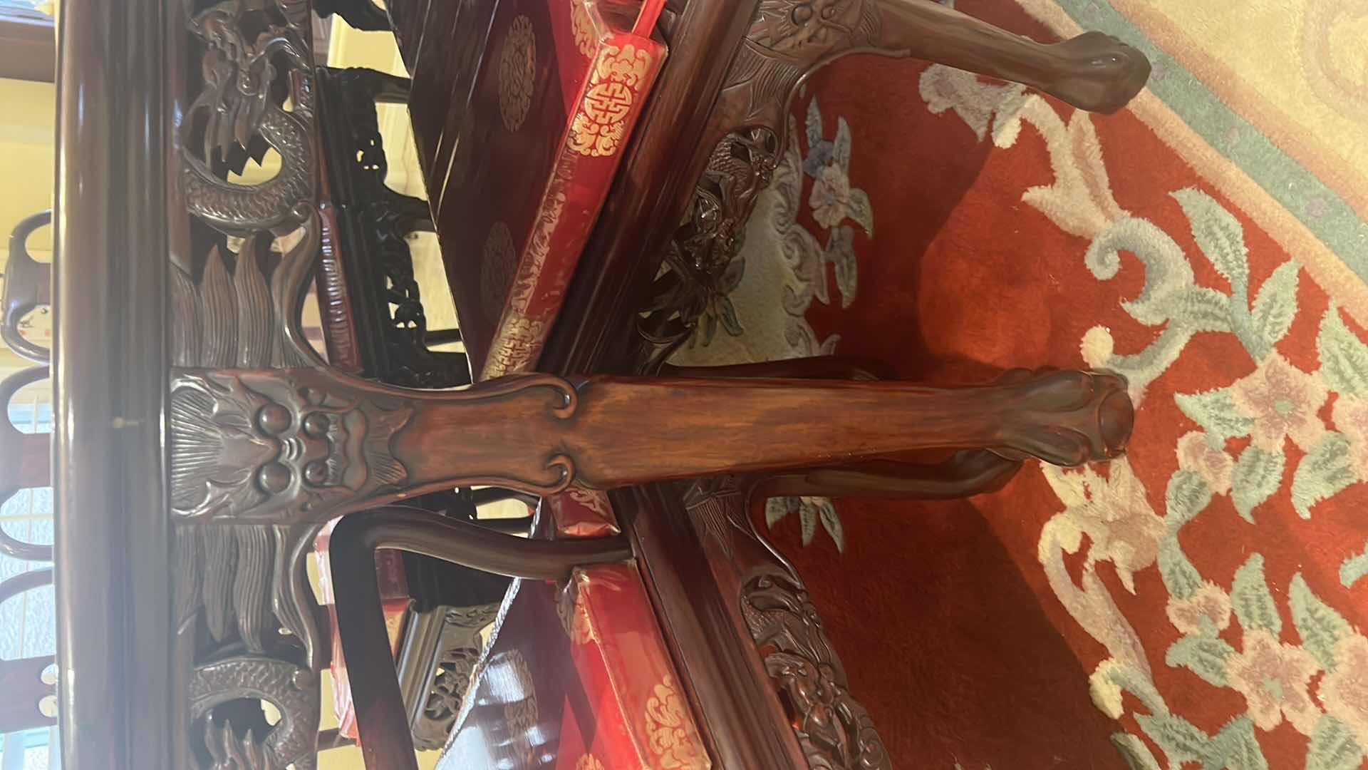 Photo 16 of VINTAGE CHINESE HANDCARVED ROSEWOOD DINING TABLE W 2-ARM CHAIRS & 6- SIDE CHAIRS (RED W GOLD PADDED SEAT CUSHIONS) TABLE 80” x 43” H30”