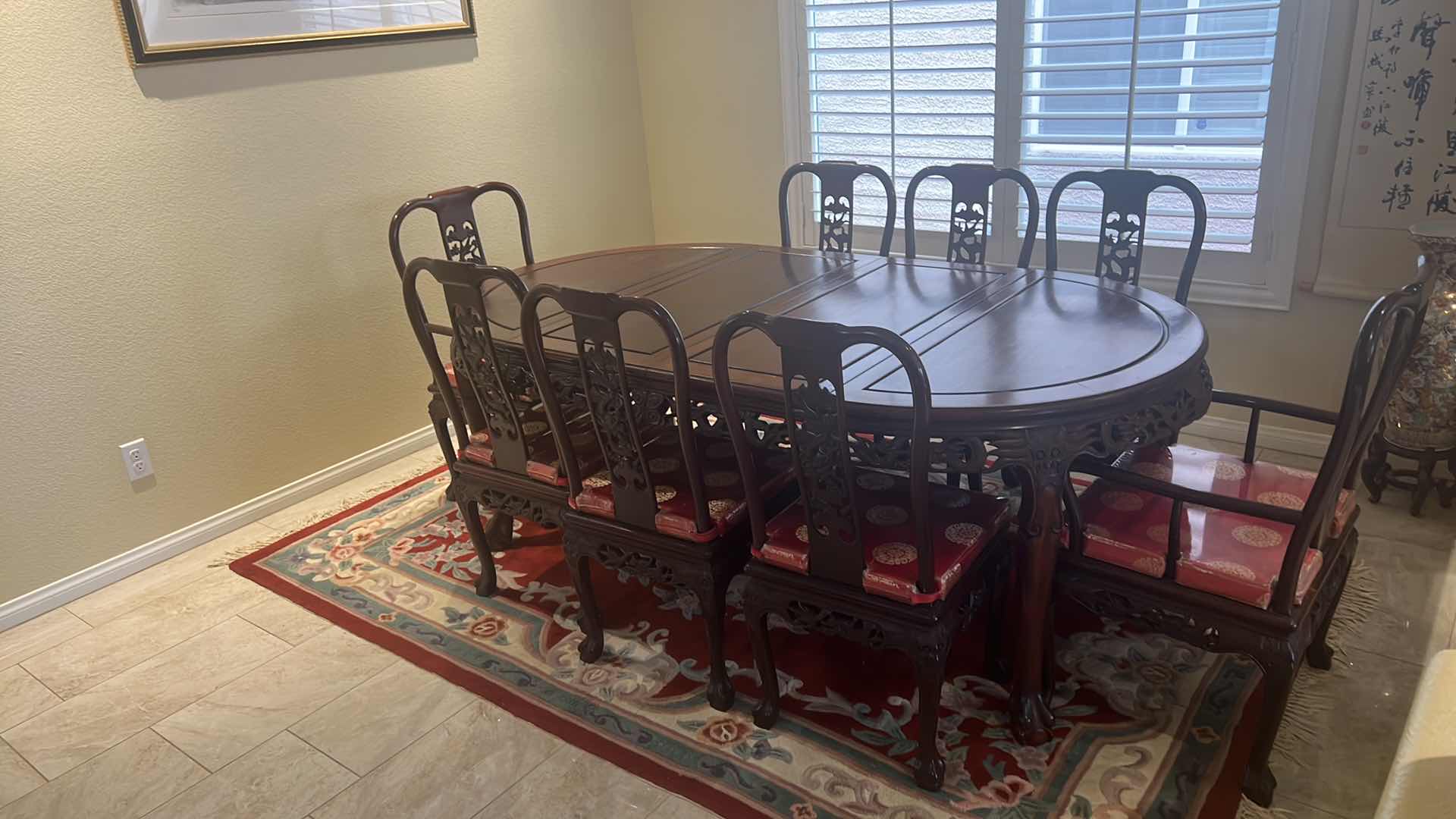 Photo 6 of VINTAGE CHINESE HANDCARVED ROSEWOOD DINING TABLE W 2-ARM CHAIRS & 6- SIDE CHAIRS (RED W GOLD PADDED SEAT CUSHIONS) TABLE 80” x 43” H30”