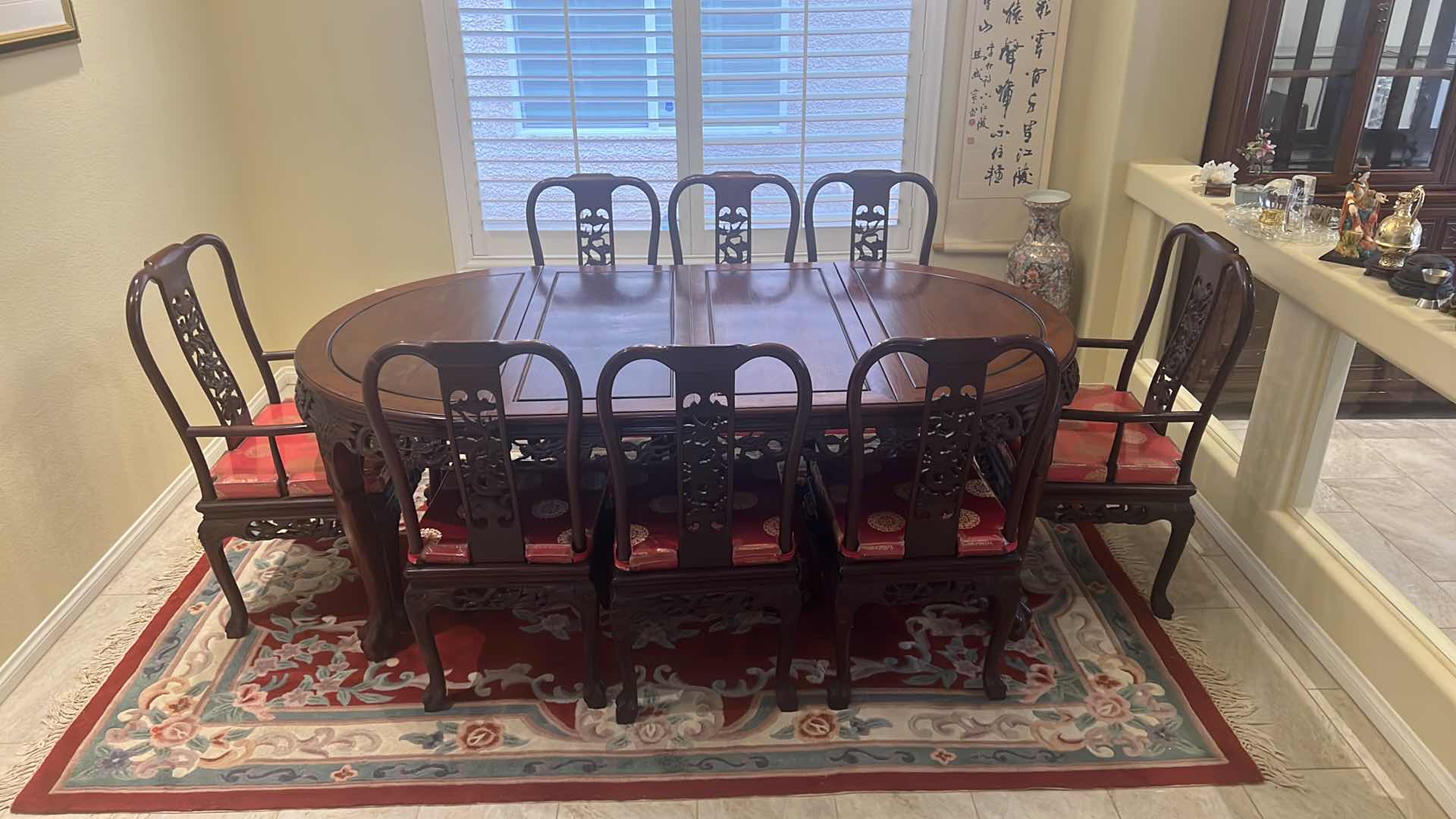 Photo 1 of VINTAGE CHINESE HANDCARVED ROSEWOOD DINING TABLE W 2-ARM CHAIRS & 6- SIDE CHAIRS (RED W GOLD PADDED SEAT CUSHIONS) TABLE 80” x 43” H30”