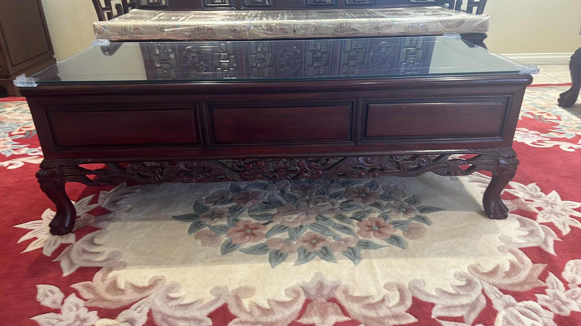 Photo 3 of VINTAGE CHINESE ROSEWOOD HANDCARVED COFFEE TABLE W GLASS PROTECTIVE TOP
48” x 20” H16”