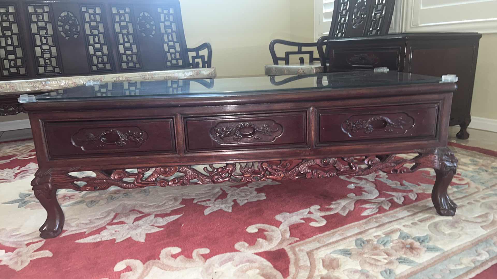 Photo 10 of VINTAGE CHINESE ROSEWOOD HANDCARVED COFFEE TABLE W GLASS PROTECTIVE TOP
48” x 20” H16”