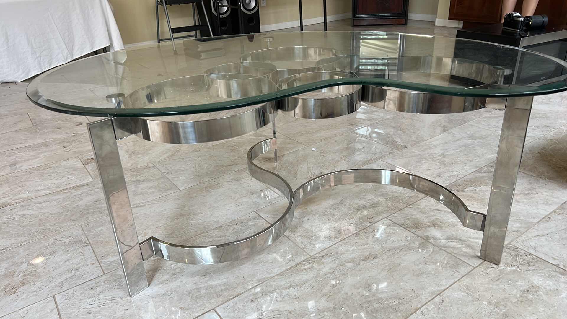 Photo 3 of MODERN SCULPTURED STEEL GLASS AND CHROME COFFEE TABLE 52” x 36” H20”