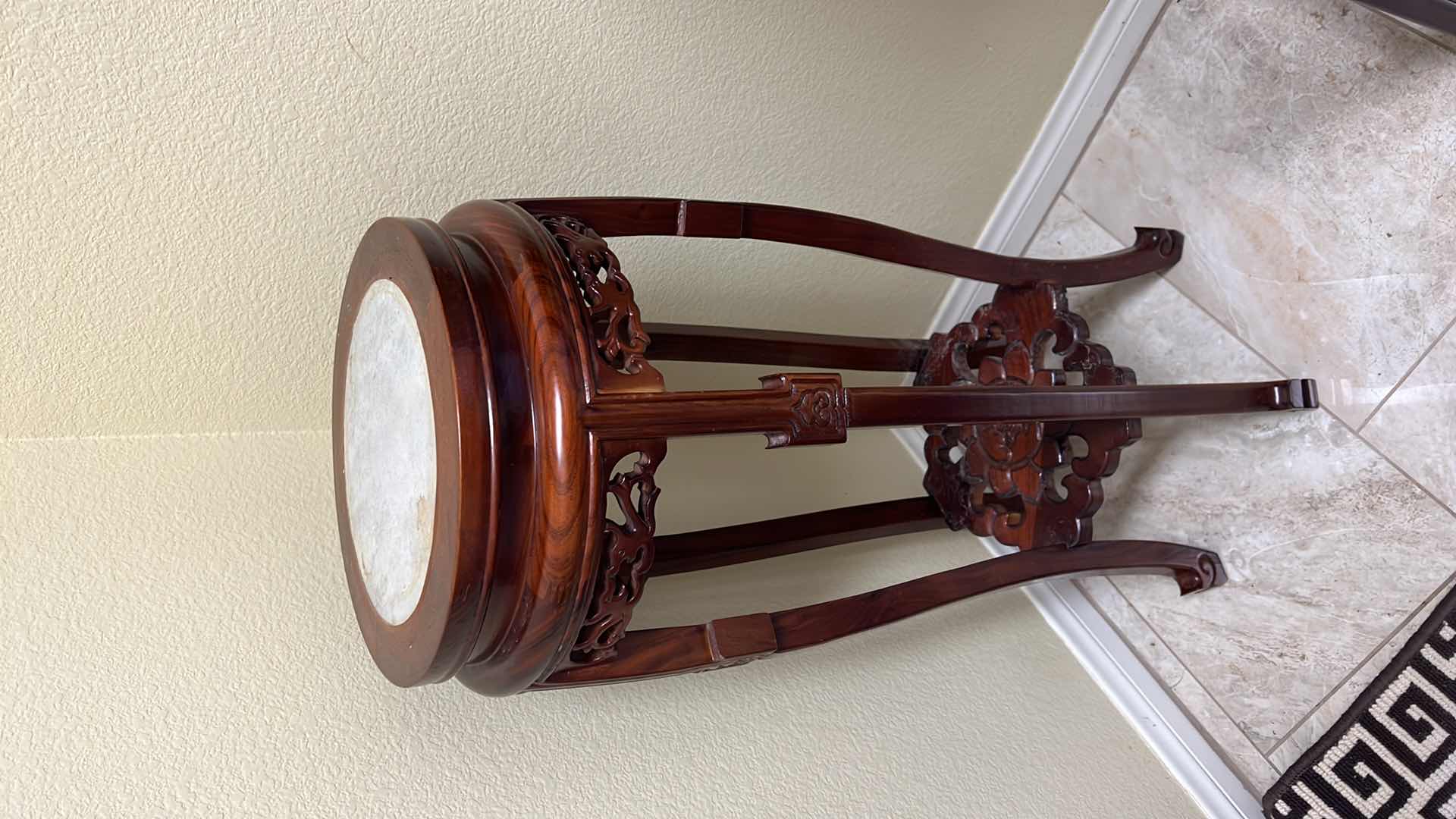 Photo 2 of 14” ROUND VINTAGE ROSEWOOD HAND-CARVED PLANT STAND W MARBLE TOP H32”