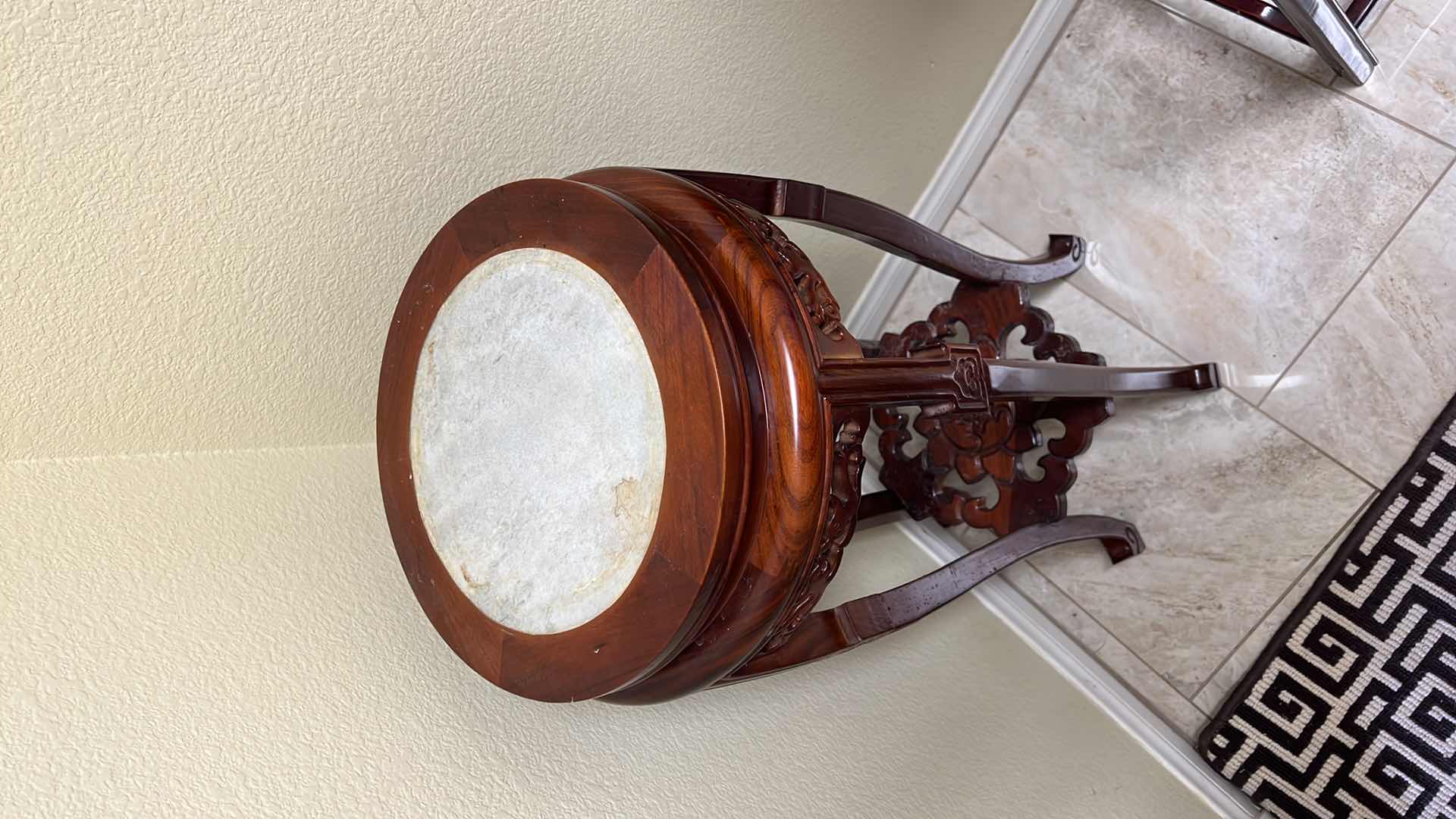 Photo 3 of 14” ROUND VINTAGE ROSEWOOD HAND-CARVED PLANT STAND W MARBLE TOP H32”