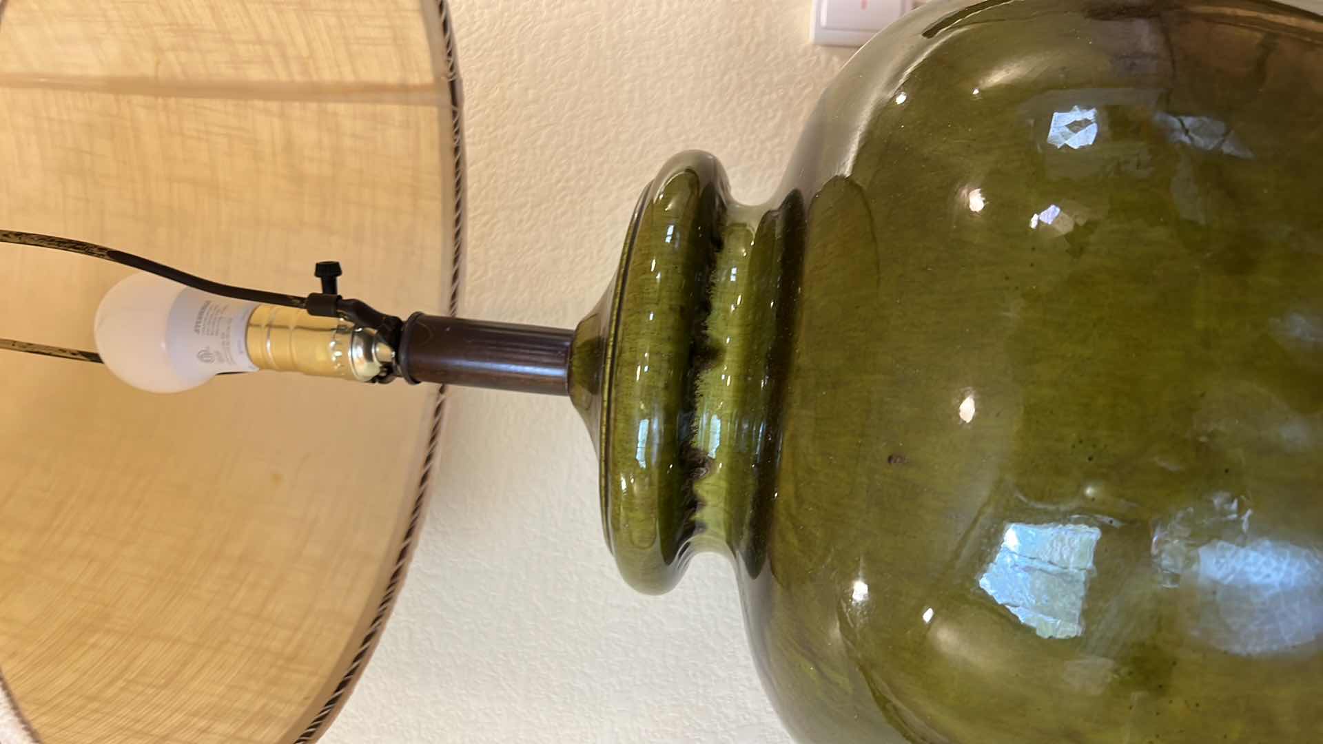 Photo 3 of VINTAGE OLIVE GREEN  CERAMIC TABLE LAMP W LINEN SHADE H40”