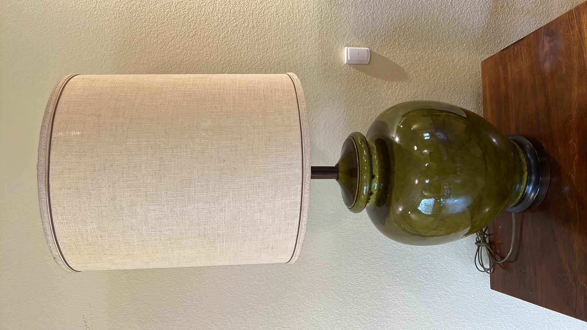 Photo 1 of VINTAGE OLIVE GREEN  CERAMIC TABLE LAMP W LINEN SHADE H40”