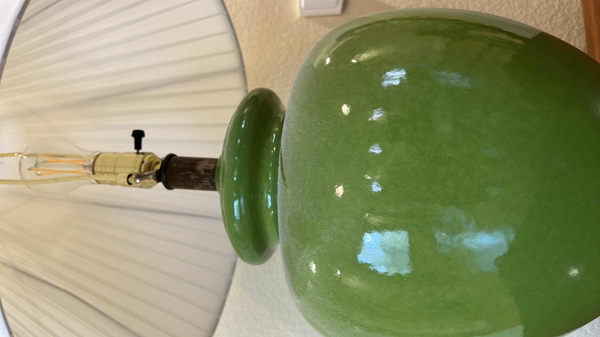 Photo 2 of VINTAGE LIME GREEN CERAMIC TABLE LAMP W PLEATED SHADE H30”