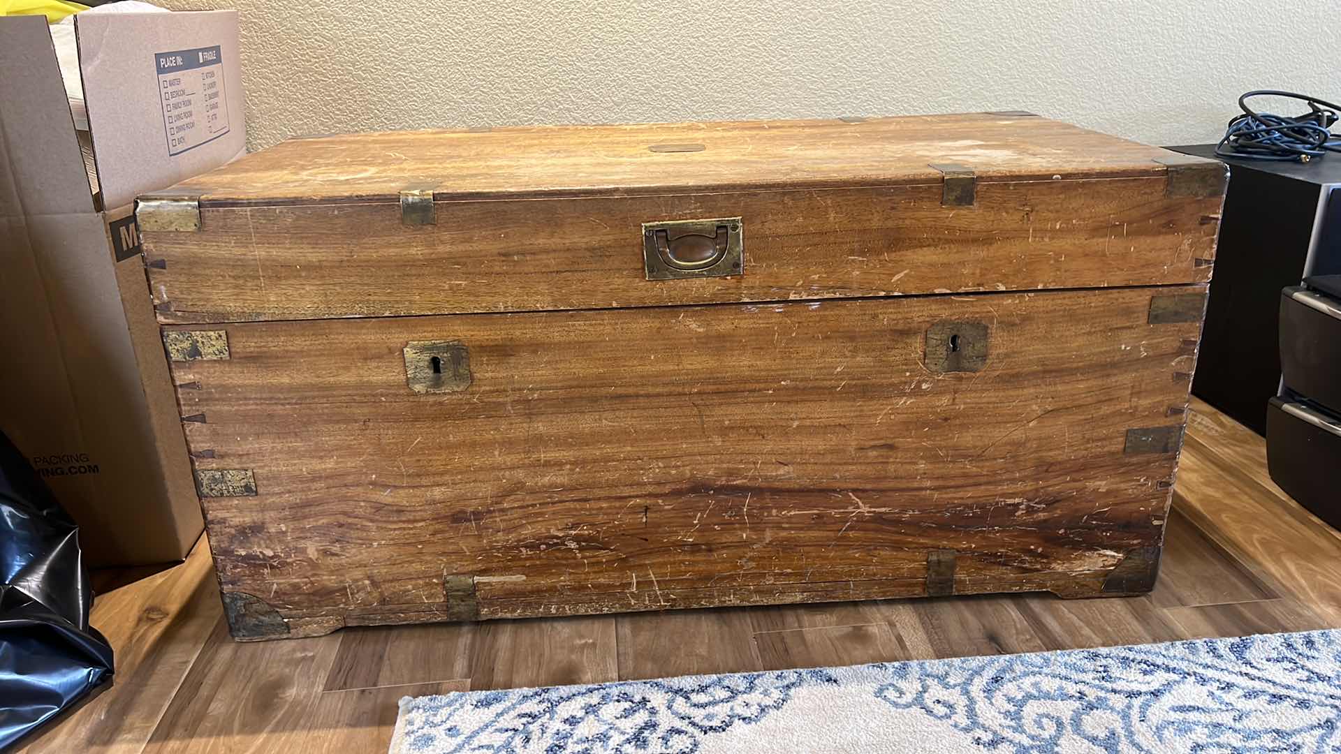 Photo 3 of DISTRESSED WOOD STORAGE CHEST W BRASS HARDWARE 39” x 19” H18” (CONTENTS NOT INCLUDED)