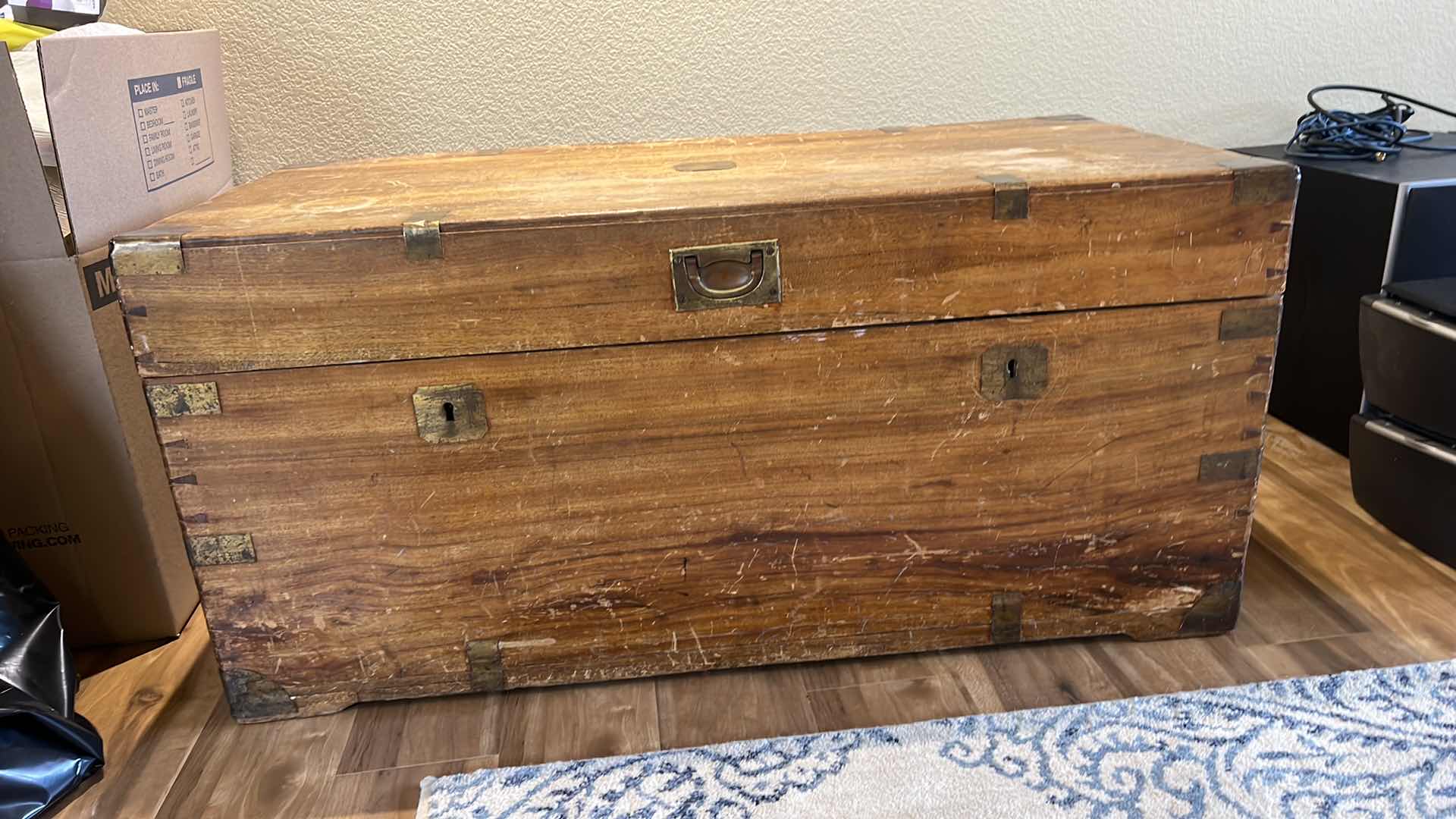 Photo 2 of DISTRESSED WOOD STORAGE CHEST W BRASS HARDWARE 39” x 19” H18” (CONTENTS NOT INCLUDED)