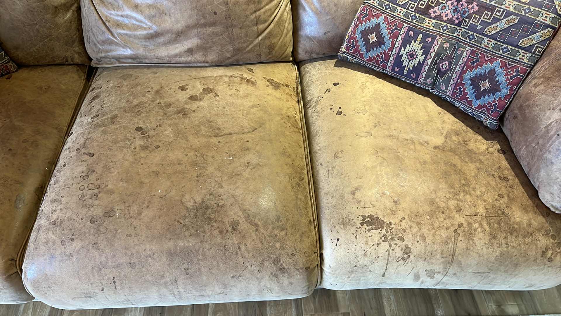 Photo 7 of 6’ TAN DISTRESSED LEATHER SOFA W NAILHEADS STUDDED TRIM (SEE PICTURES FOR WEAR)