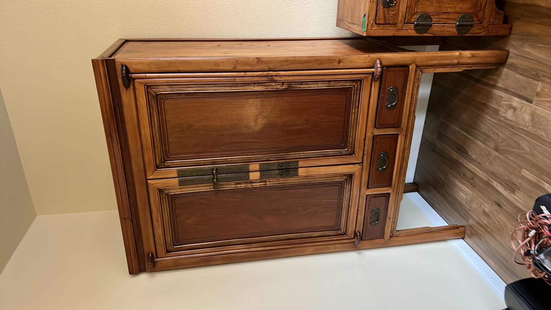 Photo 3 of VINTAGE DISTRESSED TWO-TONE KNOTTY PINEWOOD CABINET W DRAWERS W BRASS HARDWARE 41” x 22” H72”