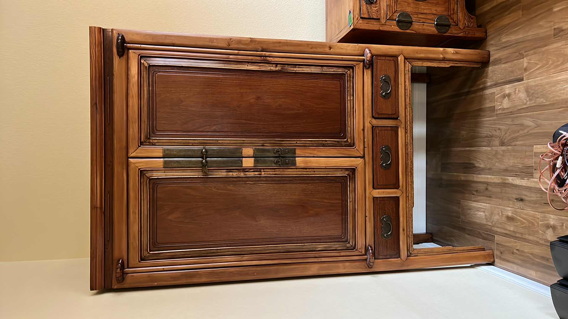 Photo 2 of VINTAGE DISTRESSED TWO-TONE KNOTTY PINEWOOD CABINET W DRAWERS W BRASS HARDWARE 41” x 22” H72”